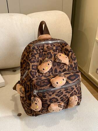 Sanrio Hello Kitty 新款豹纹迷你女童背包，毛茸茸的豹纹猫咪单肩包，复古迷你旅行背包，适合通勤和旅行，Hello Kitty 豹纹手提包，Y2K 可爱豹纹钱包，简约托特包户外包，复古毛绒通勤包，波西米亚风格，复活节，生日礼物，派对礼物，