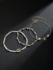 Set de 3 piezas de pulseras de verano con estilo de playa, con estrella de mar y concha de metal y cuentas de vidrio para mujeres - Multicolor - Ver 4
