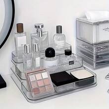 1 pièce Organisateur de maquillage de bureau élégant et transparent, boîte de rangement multi-couches convenant pour la coiffeuse, peut exposer les parfums et les soins de la peau