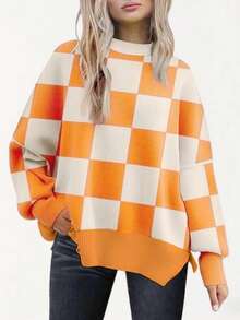 Women's Casual Loose Fit Drop Shoulder Colorblock Turtleneck Pullover Sweater - Orange - View 3