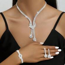 1 Set Fashionable And Luxurious Bare Full Drilled Long Heart & Tassel Necklace/Bracelet/Earrings Set Suitable For Ladies Valentines - Silver - View 6