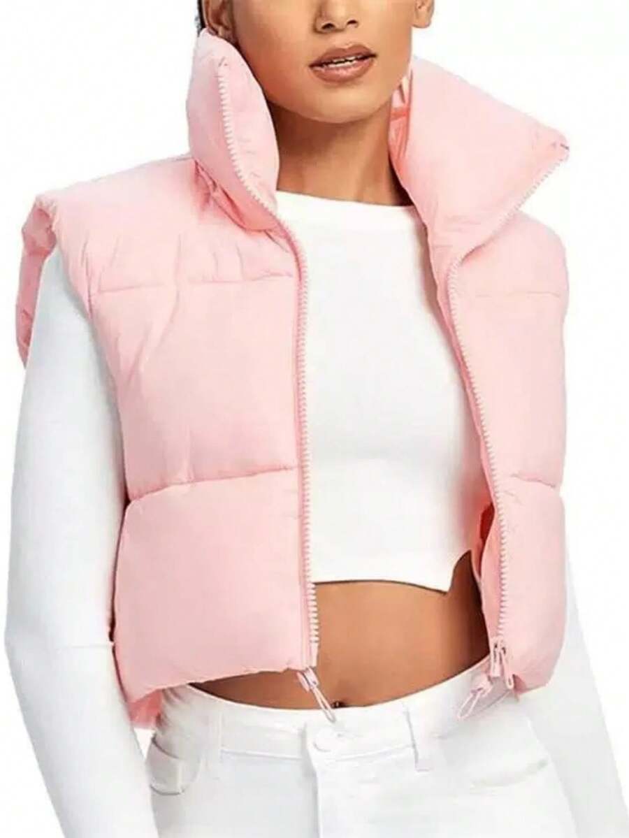 New Autumn Winter Slim Sleeveless Vest Jacket Women Down Cotton Vest Solid Color Casual Zipper Pocket Drawstring Design - 粉色 - 查看 1