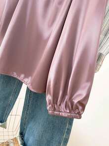 Plus Size Women Solid Color Crew Neck Backless Tie Casual Commuter Blouse, Suitable For Autumn/Winter Office Wear