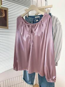 Plus Size Women Solid Color Crew Neck Backless Tie Casual Commuter Blouse, Suitable For Autumn/Winter Office Wear