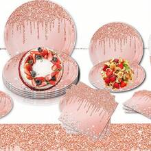 10/20/50pcs,Disposable Rose Gold Tableware Set -Party Plates, Napkins,Cups For Birthday Party Decoration,Rose Gold Birthday Party Supplies Disposable Paper Plates Glitter Diamonds Napkins And Cups For Women Birthday Anniversary Wedding Party Decorations Supplies - Multicolor - View 4