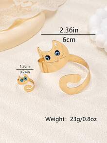 1pc Cute Cartoon Cat Metal Bangle + 1pc Ring, Luxurious And Lovely Jewelry Set For Women, Suitable For Parties, Dating, And Gifting - Yellow Gold - View 11