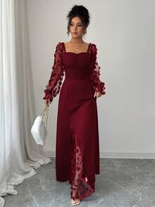 LilyHouse 女士长款夏季连衣裙，优雅休闲约会之夜派对鸡尾酒会礼服，网纱刺绣，长袖收腰连衣裙，优雅派对礼服，婚礼宾客礼服，红色连衣裙，春季 - 酒紅色 - 查看 7