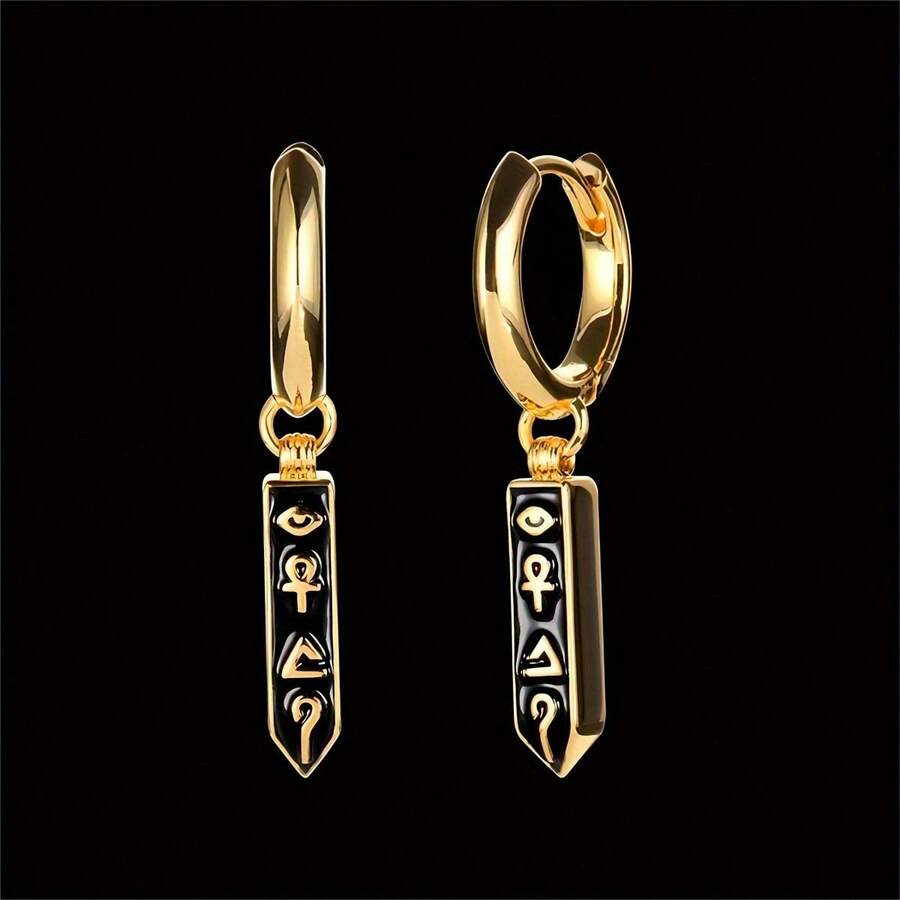1 Pair Of Evil Eye Stainless Steel 18K Gold Plated Men's Earrings With Protection Charm Amulet - Stylish And Bold Design, Durable Hypoallergenic Jewelry, Suitable For Casual And Formal Occasions, Unique Men's Creative Gift Accessories - 金色 - 查看 1