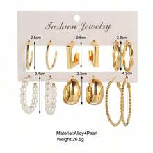 6对简约优雅C形仿珍珠金属耳环，时尚金色首饰 - 彩色 - 查看 4
