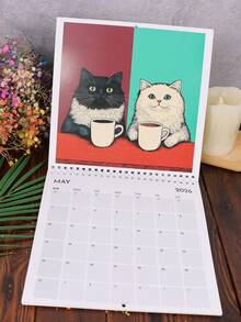Miesięczny kalendarz ścienny z uroczym wzorem kota, wiszący kalendarz ścienny na rok 2026 do salonu, sypialni, domu, dekoracji ściennych dla miłośników kotów