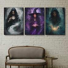 3 pièces Peinture de décoration d'Halloween sorcière de la forêt magique, affiches murales sur canevas, impression haute définition avec cadre en option, affiche rétro de l'académie sombre, décoration murale pour le salon et la chambre à coucher
