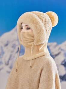 1 Pair Women's Knitted Mask Scarf Set, Autumn/Winter Warm Thermal Lined Earflap Hat Neck Gaiter