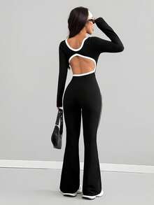 AITYI Studio 女士连体裤，时尚设计，户外街头镂空U领撞色织带设计，运动健身塑形修身性感舒适Y2K风格，适合日常通勤、优雅派对、假日、独立日、返校季、情人节、骄傲月、狂欢节、音乐节等场合，2026春季新款舒适针织喇叭裤连体裤 - 黑色 - 查看 7