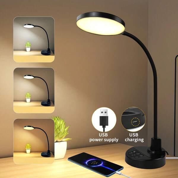1PC Desk Lamp With USB Interface, Flexible Gooseneck Eye-Caring Table Lamp, 3 Color 5 Dimmable LED Night Light With Timers And Night Light Mode, Desk Lamp For Work, Reading, Bedroom, Office