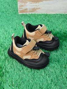1 Pair Khaki Hook And Loop Baby Sports Shoes With Lace Decor, Mesh Material, Fashion, Comfortable, Versatile, Non-Slip, Durable, Suitable For Toddlers, Daily Wear