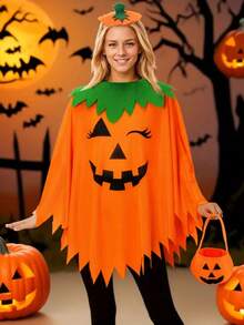 1 套万圣节派对南瓜服装斗篷、南瓜波浪披肩、头带、南瓜手提包、派对角色扮演配饰