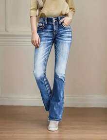 High-Waisted Fashion All-Matching Stretch Jeans, Comfortable Slim Embroidered Flared Jeans, Cocktail Party, Party, Christmas, Nightclub, Banquet, Film Festival, Cinema, Dance Party, Cocktail Party, Bar, Wedding, Graduation Ceremony, Back-To-School, Birthday Party, Rebellious Girl, Festival-Themed Party, Outwear, Street Fashion, Fashion Show, Date, Easter, Mother's Day, Going To Work At University, School, Village, Concert, Street Girl, Young Girl, Country Outfits For Women, Best Outwear For Women, Women's Vacation Clothing, Country Concert Outfit, Country Outfits For Women, Streetwear, Concert Outfit For Women, Boho Women's Clothing, Country Concert Outfit, Concert Outfits, Vaquera Outfit, Y2K Clothes, Women's Club Outfits, Y2K Women's Clothes, Women's Clothing, Country Concert Outfit For Women - 寶藍色 - 查看 3