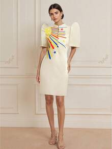 Modernes Filipiniana Kleid, elegant, Glockenärmel Kleid, Herbst, elegantes Temperament Stehkragen Kleid mit bedruckten Stehärmeln, modernes Filipiniana Kleid - Champagnerfarben - Übersicht 3