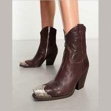 Women's Western Cowboy Ankle Boots, Chunky Heel High Heel Ankle Boots, Steel Toe Design, Side Zipper, Western Style Women's Boots - 棕色 - 查看 6