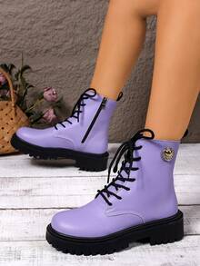 秋冬圆头系带时尚拼布靴，厚底度假风格女式踝靴，复古扣饰靴 - 紫色 - 查看 2