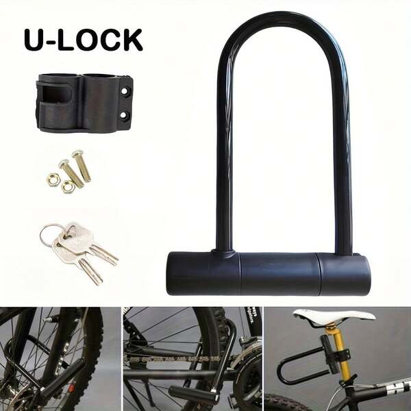 Heavy Duty Bicycle U-Lock With Keys, Black Tungsten Steel Bike Lock Suitable For Mountain Bikes, Road Bikes, Motorcycles And Scooters, Cycling Accessories