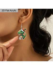 Lámina plana 2D de plata 925, 1 par de pendientes de dinosaurio navideño para mujer - Accesorios de sombrero de dinosaurio navideño verde lindo, pendientes colgantes de diseño otoñal - Ganchos de acero inoxidable, perfectos para el Día de Acción de Gracias, uso diario, festivales de música, vacaciones, amigos, fiestas y vida diaria - Un regalo único para amigos y familiares o regalos del Día de la Madre