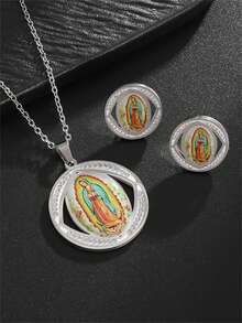 1 Set Vintage Guadalupe Jungfrau Maria Anhänger Halskette & Ohrringe Edelstahl Schmuckset, Glücksbringer Accessoires für den täglichen Gebrauch, Partys, Madras, Weihnachten, Halloween