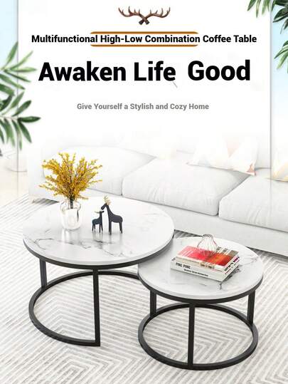 Nesting Coffee Tables, Round Wooden Marble Top, Sturdy Metal Frame, Side Tables Living Room, Bedroom, Balcony Terrace view 2