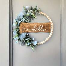 Corona de puerta verde, corona floral de cuentas de madera con hojas artificiales de oreja de cordero, corona floral de bienvenida, decoración de hojas verdes de primavera/verano, adecuada para bodas, Navidad, decoración de invierno, decoración navideña del hogar, regalos de Navidad - Multicolor - Ver 13