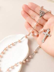 1 件情人节粉色念珠项链，宗教串珠十字架项链，长 Y 形毛衣链，适合日常佩戴、聚会、派对、情人节送给女朋友的礼物、母亲节送给妈妈的礼物 - 淺粉色 - 查看 3
