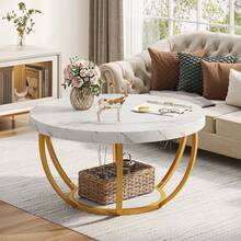 LITTLE TREE Round Coffee Table, 32" Circle Coffee Table For Living Room, 2-Tier Wood Accent Center Table With Open Storage Industrial Design Home Furniture (White And Gold) - 白色和金色 - 查看 1