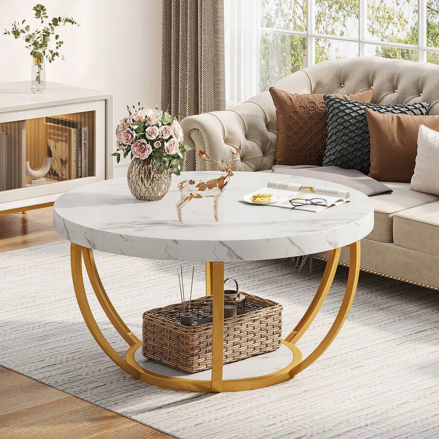 LITTLE TREE Round Coffee Table, 32" Circle Coffee Table For Living Room, 2-Tier Wood Accent Center Table With Open Storage Industrial Design Home Furniture (White And Gold) - 白色和金色 - 查看 1