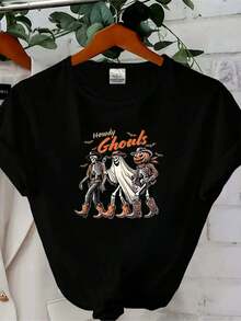 Women T-Shirt Print Halloween Howdy Ghouls Cowboy Ghost Skeleton Premium T-Shirt Top For Everyday Wear Women Top Graphic Tees Summer Female Print Round Neck Short Sleeve Comfortable Versatile Fashion Slightly Soft Casual Stylish Unisex Stretched Women Designer Clothes