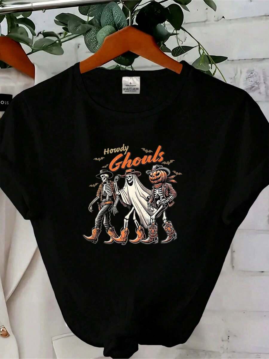 Women T-Shirt Print Halloween Howdy Ghouls Cowboy Ghost Skeleton Premium T-Shirt Top For Everyday Wear Women Top Graphic Tees Summer Female Print Round Neck Short Sleeve Comfortable Versatile Fashion Slightly Soft Casual Stylish Unisex Stretched Women Designer Clothes