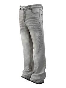 Lightweight Business Casual Washed Distressed Hem & Cuff Men's Jeans, Versatile Slim Straight Leg Casual Pants, Button Zipper Closure, Suitable For All Seasons - Grey - View 8