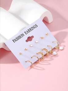 12pcs Cute Minimalist Star & Heart Pendant Earrings, Suitable For Women's Daily Wear - Yellow Gold - View 4