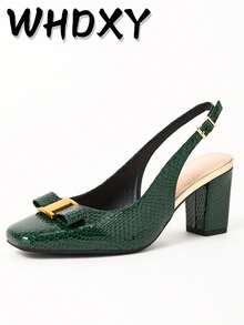 WHDXY 1 双女式方头露背学院风带扣装饰办公室高跟鞋，性感走秀款 7 厘米粗跟正装鞋，适合工作、空乘、派对 - 綠色 - 查看 2