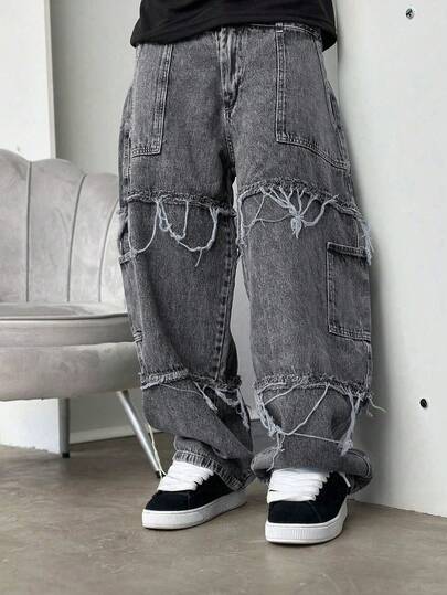 Grunge Goth Y2K Style Fashion Casual Fringe Street Youth College Sports Loose Fit Denim Jeans For Men