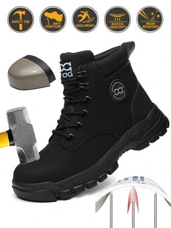 Steel Toe Shoes For Men & Women, Comfortable Anti-Impact, Anti-Puncture, Anti-Slip, Steel Toe Work Shoes In Black/Yellow, High-Top Anti-Pressure Boots For Construction, Warehouse, Gardening, Waterproof, Anti-Collision Shoes For Men & Women