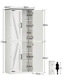 Hoher Lagerschrank, Küchenschrank mit 4 Regalen, verstellbare Regale, Vorratsschränke mit 4 Scheunentüren, freistehender Schrank für Küche, Esszimmer, Wohnzimmer, weiß