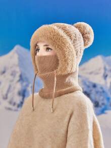 1 Pair Women's Knitted Mask Scarf Set, Autumn/Winter Warm Thermal Lined Earflap Hat Neck Gaiter