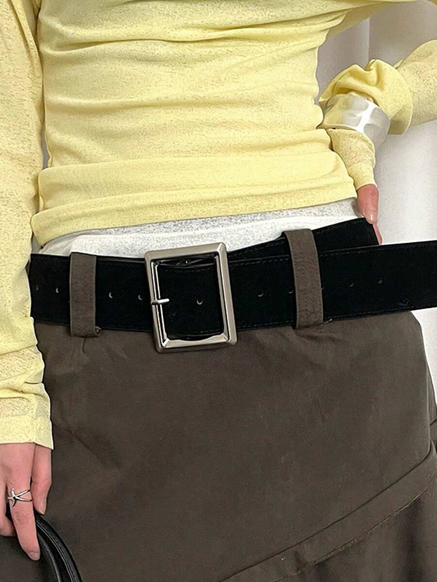 1 件女士黑色 PU 材质高品质收腰百搭中长连衣裙（配腰带） - 黑色 - 查看 1