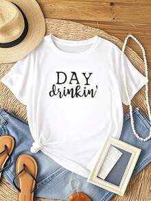Women T-Shirt Print YUYUEYUE Day Drinkin' T Shirts Women Drinking All Day Letter Print Short Sleeve Funny Casual Tops Tee Stylish Slightly Women Female Soft Unisex Designer Clothes Print Round Neck Short Sleeve Stretched Versatile Women Top Graphic Tees Fashion Graphic