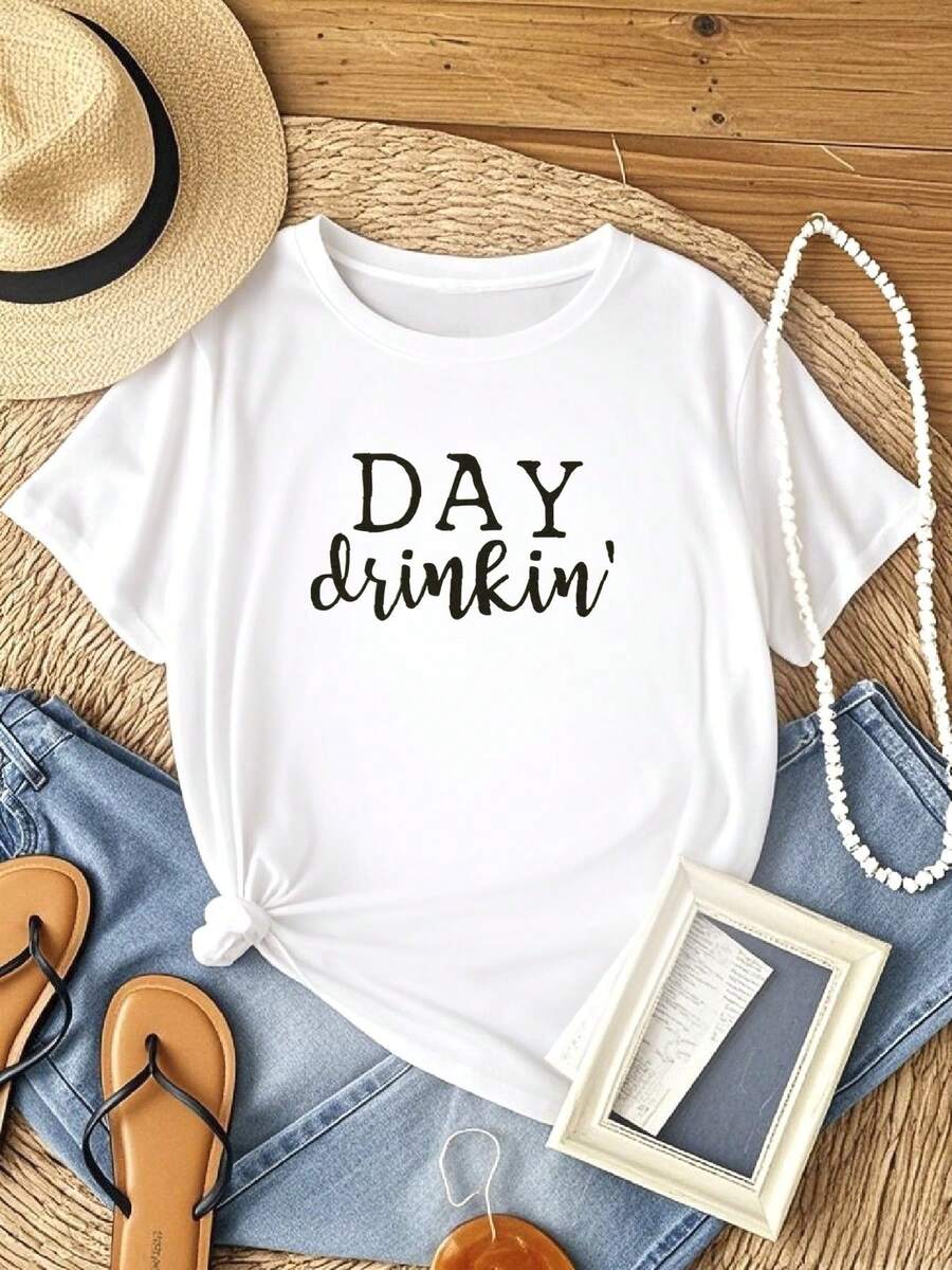 Women T-Shirt Print YUYUEYUE Day Drinkin' T Shirts Women Drinking All Day Letter Print Short Sleeve Funny Casual Tops Tee Stylish Slightly Women Female Soft Unisex Designer Clothes Print Round Neck Short Sleeve Stretched Versatile Women Top Graphic Tees Fashion Graphic