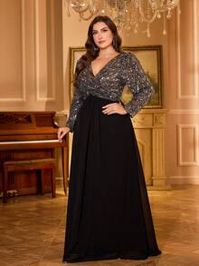 UNITHORSE V-Neck Princess Long Sleeve Pleated Glitter Splice Chiffon Party Evening Dress - Black - View 4