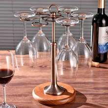 Soporte para copas de vino de 6 tazas, organizador de copas altas de metal y madera, soporte de almacenamiento de copas resistente con base antideslizante para cocina, restaurante y bar - Marrón - Ver 2