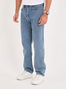 Men's Solid Color Pocket Casual Straight-Leg Jeans - Blue - View 1