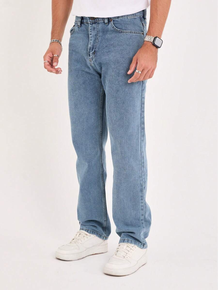 Men's Solid Color Pocket Casual Straight-Leg Jeans - Blue - View 1