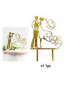 1个/2个/5个装情人节蛋糕装饰插牌，婚礼蛋糕装饰，周年纪念蛋糕装饰，订婚蛋糕装饰，“Mr & Mis”英文字母蛋糕装饰，烘焙装饰，厨房烘焙用品，蛋糕用品，甜品桌装饰 - 金色 - 查看 8