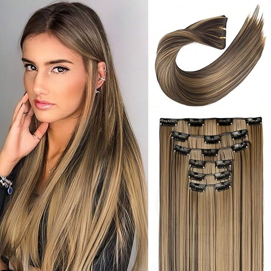 Extensiones de cabello con clip de 24 pulgadas, 6 piezas, largas y rectas, sintéticas, para uso diario, para mujeres y niñas. - Mechas marrón oscuro - 4H27 - View 1